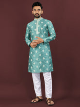 Vardhman Premium Blue-Green Sequin Embroidered Mono Silk Kurta Pyjama Set for Men's